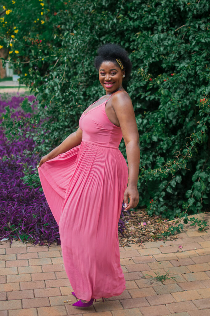 long pink dress, pleated pink maxi dress, afro, merry christmas